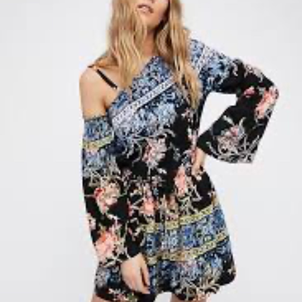 Free People Modern Nomad Mini Dress Large One Shoulder Boho Floral Long Sleeve